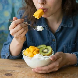 girl eating yougurt with mango and kiwi fruits beautiful still life by vincent van gogh