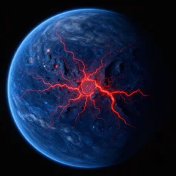 a picture of an alien planet, taken from orbit, dark blue planet, red lava rivers, center of the frame