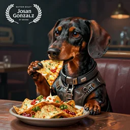 a portrait of an anthropomorphic cyberpunk dachshund dog eating nachos, cyberpunk!, fantasy, elegant, digital painting, artstation, concept art, matte, sharp focus, illustration, art by josan gonzalez