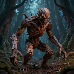 hyper realistic photographie of a highly detailed horrible and cruel creature made of wood, by night. roots. magical forest background. complex and highly detailed, no noise, no grain, clear render, no blur, horror movie scene, octane render, greg rutkowski style.
