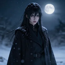 full shot of angry darkness beautiful anime girl at moonlight, snowing, detailed, unreal engine 4k volumetric light, fog,