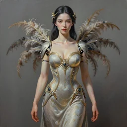 ultra realist soft painting of a single attractive gynoid aisan female sillicon skin long dress, curiosities carnival, symmetry accurate features, very intricate details, focus, curvy, artstyle by Tom Bagshaw, award winning