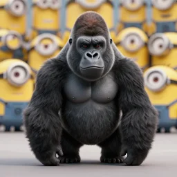 gru in a gorilla, hyperrealistic, concept art, octane render, unreal engine 5, trending on artstation, high quality, highly detailed, 8 k hdr, product photo, centered, minions background, soft lighting, path traced, low contrast, high coherence, symmetrical