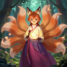 portrail | ahri!!!!!! | holding a glowing ball | the nine - tailed!!! fox | hanbok! | mystical forest | anime! | fantasy | league of lengeds | very detailed | digital | by natalie shau | by yuumei | by wlop