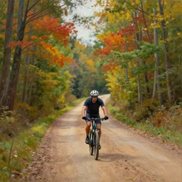 a painting of a person riding a bike down a dirt road surrounded by colorful trees, a detailed matte painting by julian onderdonk, cgsociety, photorealism, reimagined by industrial light and magic, unreal engine 5, unreal engine, acid pixie