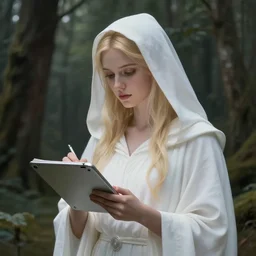 portrait of the goddess of memory taking notes on a silver tablet in a forest, white hood, white robes, blonde, fantasy, magical, realistic and detailed, spiritual, supernatural, intricate, elegant, highly detailed, digital painting, trending on artstation, by wlop, 4 k octane render