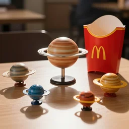 The planets of the solar system as a McDonald's happy meal toy, on a table at McDonald's