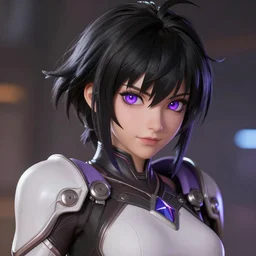 highly detailed, digital art, pixiv fanbox, trending on artstation, ray tracing, volumetric lighting, sharp focus, hq, overwatch style rogue female character, short messy black hair with bangs and violet eyes, arcane, by artgerm, wlop, greg rutkowski, miyazaki hayao