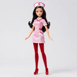 anime barbie doll, in red velvet stockings, a nurse's dress, full length, heels on her feet.