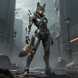 a full body character portrait of a female humanoid anthropomorphic edgy cyborg - wolf posing heroically in the style of urban fantasy in the style of dark fantasy trending on artstation deviantart pinterest furaffinity detailed realistic hd 8 k high resolution