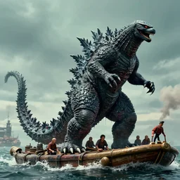 photo of wet slimy godzilla attacking the raft of the medusa, by lawrance alma - tadema by roger corman by richard corben by rick baker, fujifilm velvia 5 0. masterpiece, intricate, hyper realism, high detail, octane render, unreal engine, 8 k