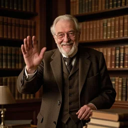 full shot of old noble librarian, welcome pose, happy vibes, remarkable, highly detailed, cinematic, dramatic lighting, by al feldstein