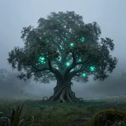 photo of glowing ygrdasil tree on a foggy grass field. very detailed, 8k, fantasy cyberpunk horror