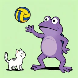 a purple frog playing volleyball with a cat, in the style of richard scarry