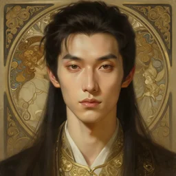semi-realistic portrait of an asian prince, face, thin, fantasy, intricate, elegant, digital painting, artstation, concept art, smooth, sharp focus, illustration, art by artgerm and greg rutkowski and alphonse mucha