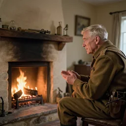 old man telling story's about war next to a fireplace