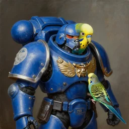 a portrait of a Budgerigar as a Space Marine from the Warhammer 40k, ultramarine space marine Budgerigar, blue armor, glorious, masterpiece painting portrait of a Budgie Parakeet by Rembrandt, Melopsittacus undulatus as a Space Marine from the Warhammer 40k