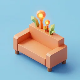 isometric object is a low poly isometric sofa with alien aesthetic inspired by pandora in the avatar movie, it has bioluminescent plants growing on top of it, beautiful neon orange - yellow with blue hints and it's bedecked with some sparkling crystals all over the place. black background, night isometric artstation neon. behance, pinterest