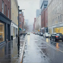 brightly illuminated city street on a rainy day, acrylic and silver leaf on canvas, very beautiful, extremely detailed, stunning masterpiece by a very talented artist