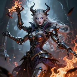 a beautiful witch queen with bright blue eyes, pale skin, an intricate dress poses dramatically, mechanical grotesque elements and fire, highly detailed 4 k painting, dramatic cold light, style of gerald brom, trending on artstation