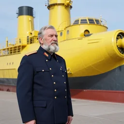 a old man in officer suit of russian empire, gray hair and beard, standing near giant yellow dieselpunk ship, colored, photorealistic, high detailed