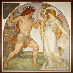 antique fresco of the fight between spax, the god of screws and goddess guiot, the goddess of fertility, by greg rutkowski, by alphonse mucha