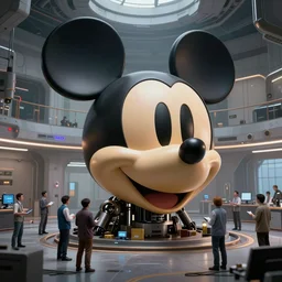 giant destroyed head of robotic mickey mouse surrounded by engineers, inside of abandoned netflix office, cyberpunk, by beeple, dystopia, golden ratio, octane render, redshift, trending on artstation, 8 k, cinematic, dramatic