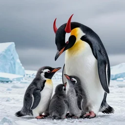 a demonic penguin feeding her babies, demon penguin, hell, antarctic, photo realistic, hyper realistic