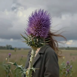 portrait, big thistle flower head, girl wearing a coat in field, surreal photography, wind, cloudy sky, dramatic light, impressionist painting, digital painting, artstation, simon stalenhag