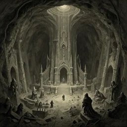 massive underground stronghold ancient dwarven subterranean stronghold, the mines of moria, horror art creepy abandonded dwarven underground city, massive scale by gustave dore siconolfini dzo olivier scott fischer godmachine keith thompson michael whelan olivier shadow horror art
