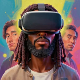 stylish caricature - 3 d vfx - drew struzan movie poster - art of an african jesus wearing vr goggles, art style by james jean & hsiao - ron cheng, unreal engine render, digital illustration, sharp, intricate detail, volumetric lighting, ray tracing, soft light, colourful, claymation style, ernie barnes style, symmetry, acrylic on canvas, pinterest, artstation,