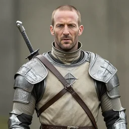 jason statham cast as dijkstra in the witcher netflix series, wearing a beige gambeson with a tall collar