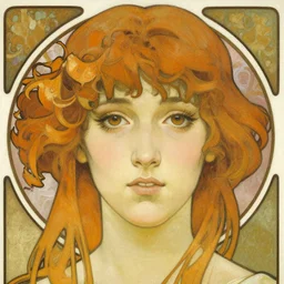 oil portrait of zero two from darling in the franxx, close - up of face, symmetric, rule of thirds, by alphonse mucha, alphons mucha, art nouveau, hans holbein, wlop