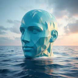 a giant aqua sculpture of a human head on the ocean water, cinematic, in the style of chad knight, long shot, hyper detailed, hyper realistic, ray tracing, 8 k resolution, sharp focus, realistic water, award winning