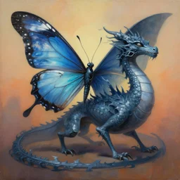 painting of hybrid between butterfly!!!!!!!!!!!!! & dragon, intercrossed animal, mixture animal, by tiffany bozic, by zdzislaw beksinski, biomorphic, cold hue's, warm tone gradient background, concept art, beautiful composition, digital painting,