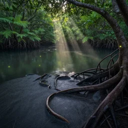 massive still lake, mangrove woods, roots, subtle patterns, intricate texture, highly detailed, fungal, light shafts, light diffusion, natural, fireflies, magical, ferns, magical spores, wildlife,