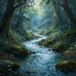 a mystical river flowing through an enchanted valley, by marc simonetti and thomas kinkade, digital art, realistic painting, very detailed, cinematic lighting, volumetric lighting 4 k, octane render, trending on artstation