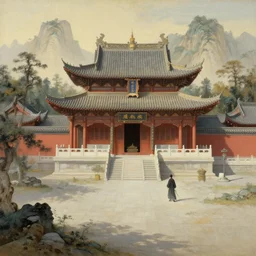 a gorgeous landscape painting by barlowe wayne maxfield parrish and marco mazzoni. chinese temple. just one lonely chinese wuxia with bamboo hat walks on the winding steps. blooming lotus lake!! ultra clear detailed. 3 d, octane render. turbulent blood lake.