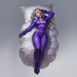 a highly detailed illustration of silver haired woman wearing purple star onesie floating on pillow, dramatic floating pose, sleepy expression, intricate, elegant, highly detailed, centered, digital painting, artstation, concept art, smooth, sharp focus, league of legends concept art, wlop