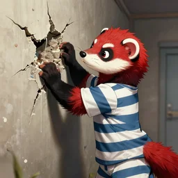 an anthropomorphic red - and - black weasel - ferret - stoat fursona / furry ( from the furry fandom ) dressed in prisoner's regalia, scratching and chiseling on a prison cell wall creating cracks and impressions, paint flows through the nooks and crannies, art style : 1 9 9 0 s world of darkness