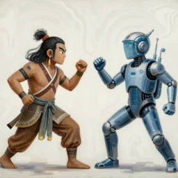 high detailed psychedelic painting of a traditional artist fighting an digital ai artist