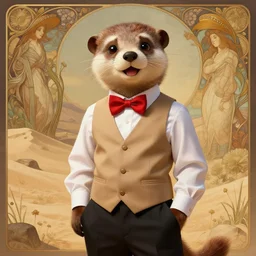 Character portrait of a happy furry anthro stoat wearing a white dress shirt, tan vest, red bowtie, and black slacks in the desert wilderness, intricate, elegant, highly detailed, digital painting, artstation, concept art, smooth, sharp focus, illustration, art by Krenz Cushart and Artem Demura and alphonse mucha