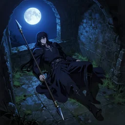 scathach laying down leaning against a spear | Somber moon | Dungeon chamber Roman tiles with puddles and grass | Moonlit Night | strong blue rimlit | visual-key | anime illustration by Danmachi | highly detailed