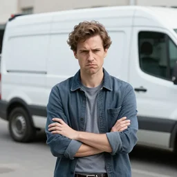 a frowning creative director in front of a sprinter van