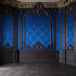 view into an ornate baroque room with blue damask walls and dark mahogany floor and window looking out at a view of cliffs and sea