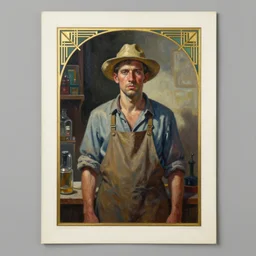 asset sheet, material study ( caricature ) shopkeeper ( hyperrealistic surrealist style oil paint on canvas art deco ) foreboding lighthearted