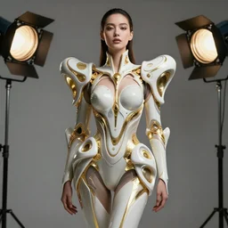 beautifull cyberpunk woman model, wearing organic ceramic fractal outfit with gold ornametrics, luxury materials, symmetrical, cinematic, elegant, professional studio light, real dlsr photography, sharp focus, 4 k, ultra hd, sense of awe, high fashion