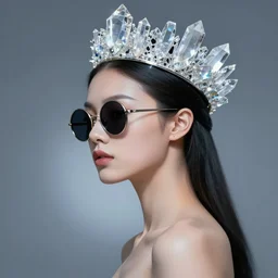 a cyberpunk goddess wearing a crystalline crown, wearing circular sunglasses, side portrait!!!, striking, defiant, spotlight, paint drips, paint splatter, vibrant colors, futuristic clothing, by marco paludet and gianni strino and marion bolognesi
