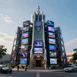 an cybernetic temple, street view, made of tv screens, octane render, unreal engine, 8 k, cinematic, artwork by ilya kuvshinov
