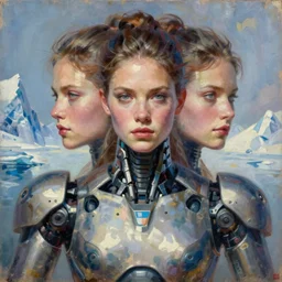 sexy young female battle robot award winning portrait bust symmetry faded tetrachromacy colors arctic background tim hildebrandt wayne barlowe bruce pennington donato giancola larry elmore masterpiece trending on artstation cinematic composition beautiful lighting hyper detailed!!! 8 k oil on canvas